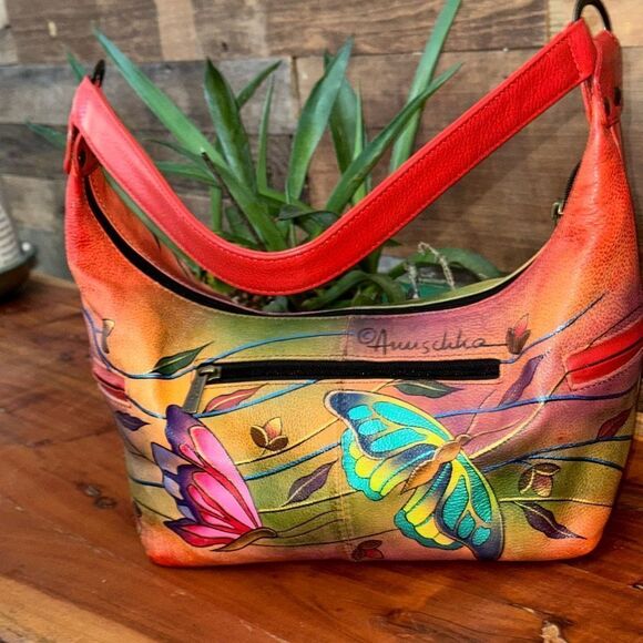 🦋🦋Anuschka Handpainted Leather Medium Hobo Shoulder Bag Butterfly - Picture 3 of 14